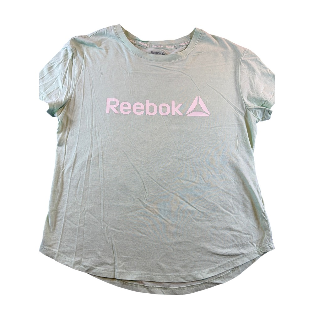 Reebok Womens XS Mint Green Pink Logo Graphic Short Sleeve T-Shirt Curved Hem